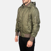 Green Nylon Bomber Jacket - Back View Showing Tailored Shoulder Fit &amp; Clean Hemline