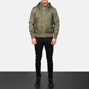 Men's Hanklin Ma-1 Green Hooded Bomber Jacket - Lateral Side Profile View Showing Sleeve Cut &amp; Athletic Taper Fit