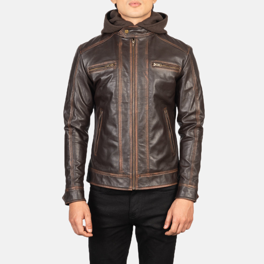 
Крупный план деталей of Band with Snap Button & Zipper Hardware on Hector Vintage Коричневый Hooded Кожаная куртка-косуха для Мужчин
