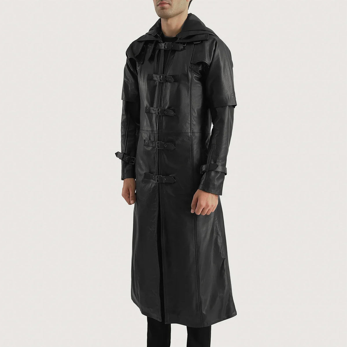 
Black. Cowhide Leather Trench Coat - Вид сзади, подчеркивающий посадку по плечам и ровный край