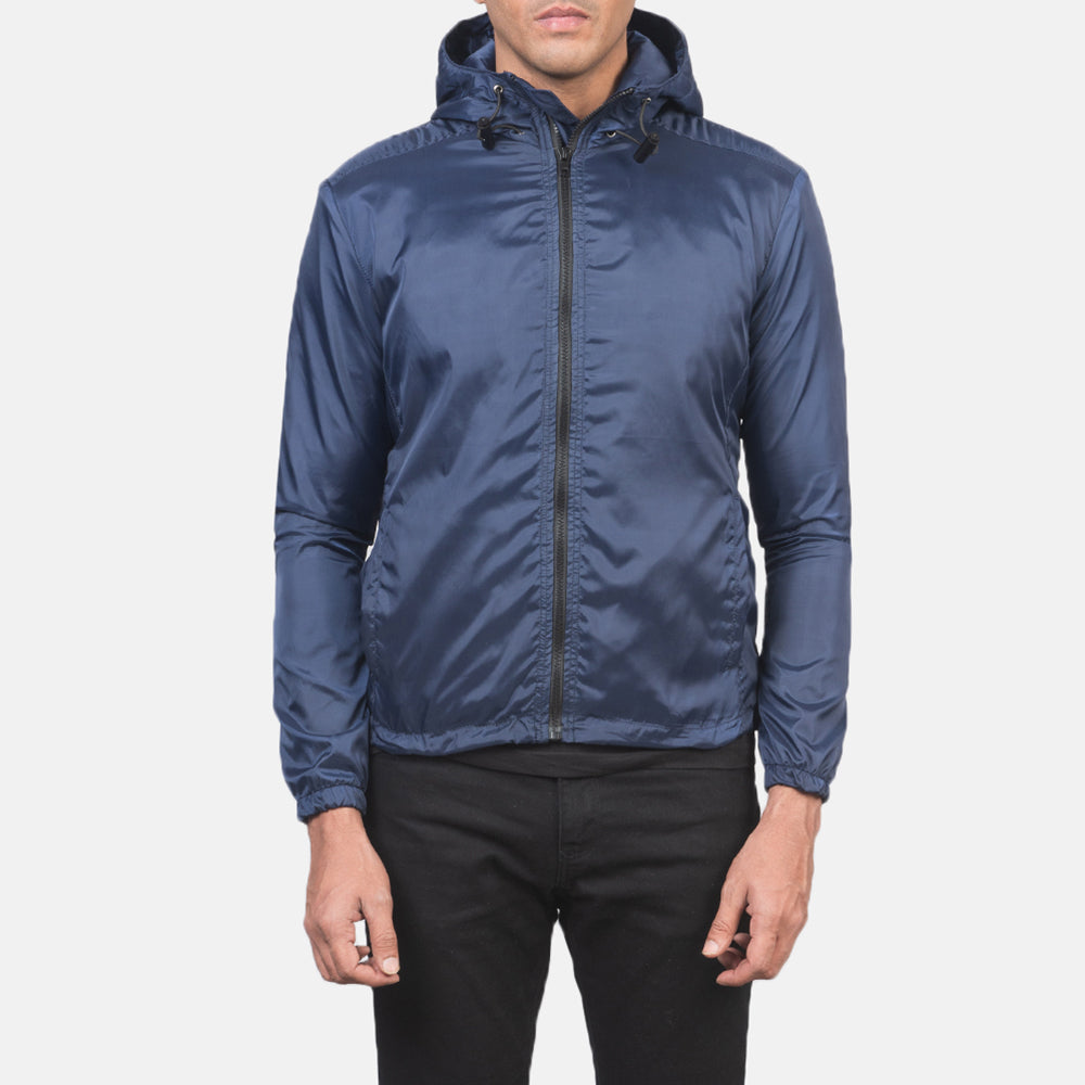 Jimmy Blue Hooded Windbreaker Jacket in Blue Nylon - Вид спереди и приталенный силуэт | Купить в официальном онлайн-магазине