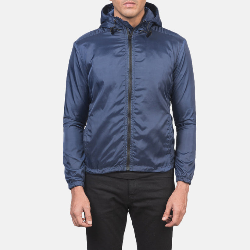Jimmy Синий Hooded Windbreaker Кожаная куртка для Мужчин