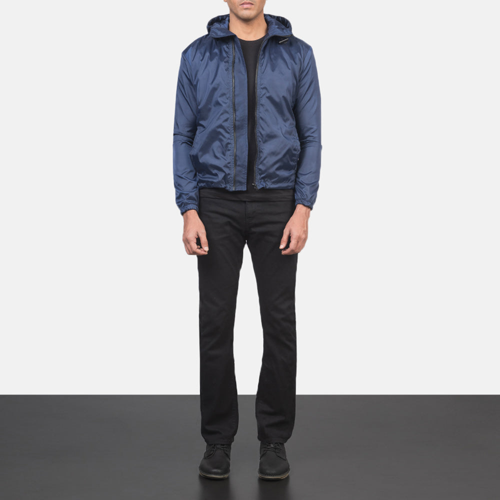 
Jimmy Синий Hooded Windbreaker Кожаная куртка для Мужчин - Вид сбоку, демонстрирующий эргономичный крой рукава