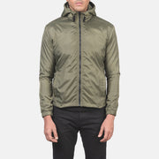 
Крупный план деталей of High Neck with Hood & Zipper with wind flap Hardware on Jimmy Оливковый Hooded Windbreaker Кожаная куртка для Мужчин