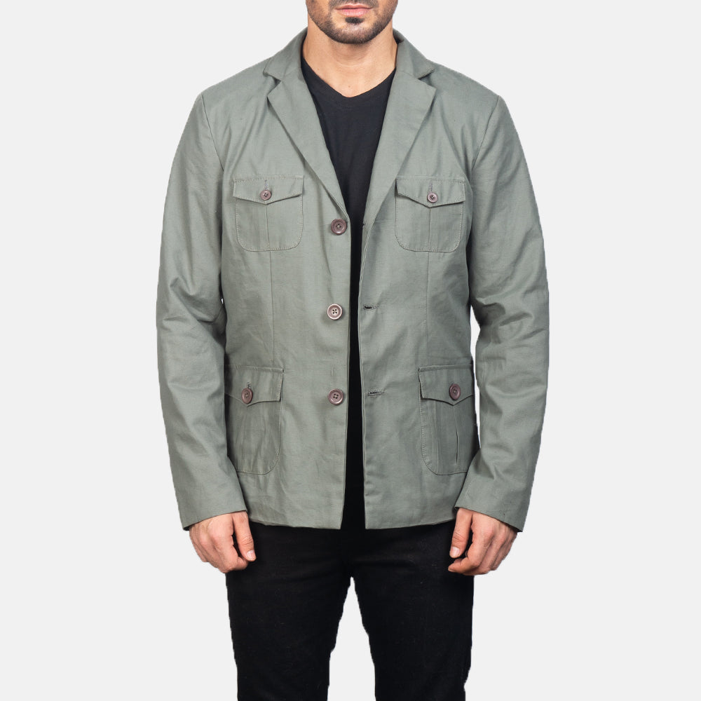 
Kajetan Grey Safari Кожаная куртка для Мужчин in Grey Poly-Cotton - Вид спереди и приталенный силуэт | Купить в официальном онлайн-магазине