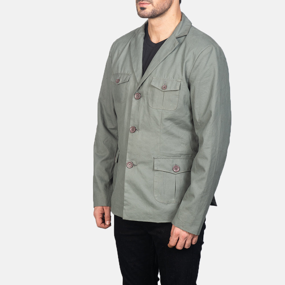 
Grey Poly-Cotton Leather Blazer - Вид сзади, подчеркивающий посадку по плечам и ровный край