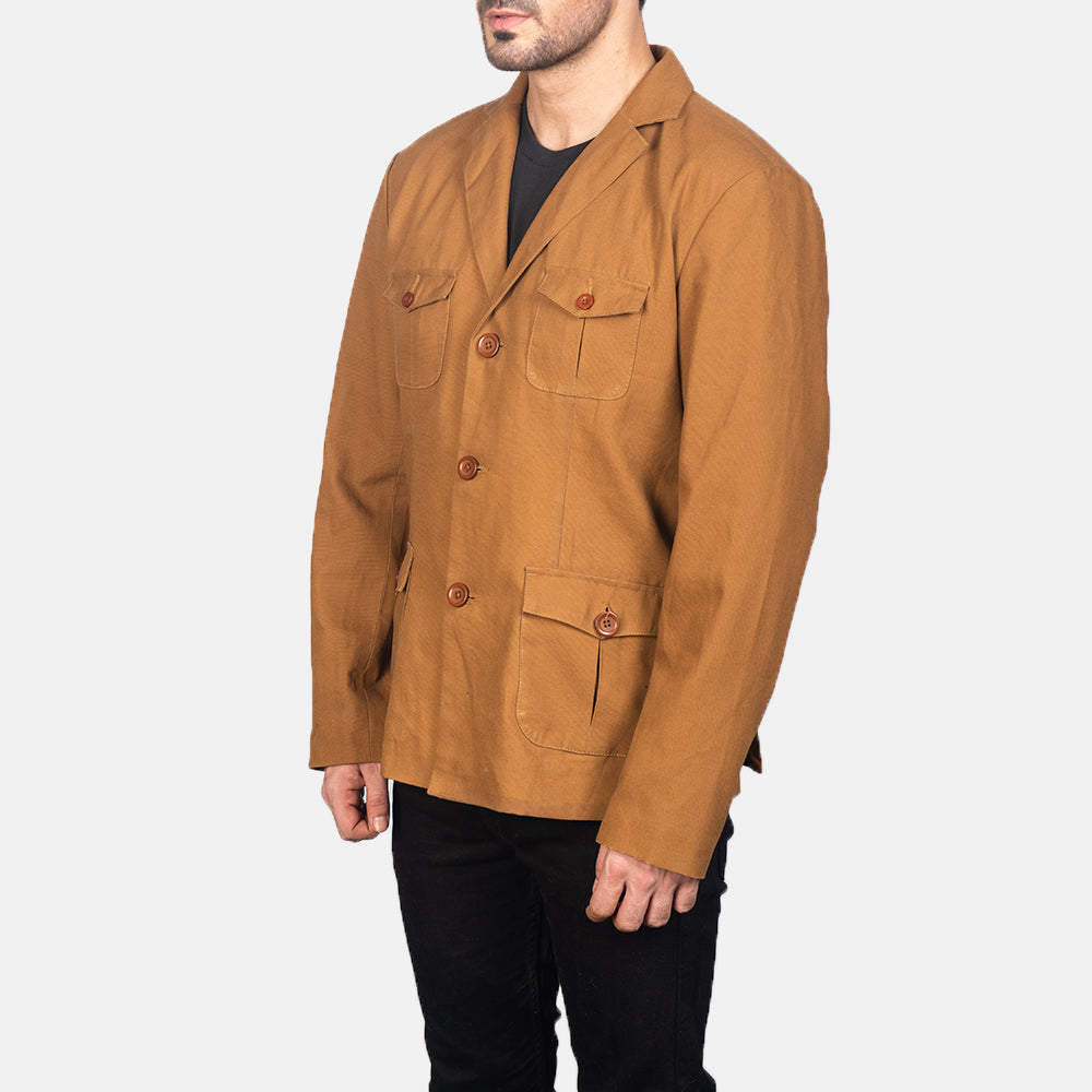 Khaki Poly-Cotton Leather Blazer - Вид сзади с идеальной посадкой по плечам и ровным подолом