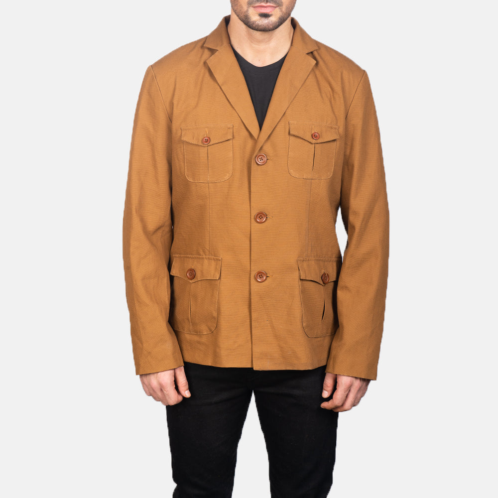 Крупный план деталей of Notch &amp; Button Hardware on Kajetan Khaki Safari Кожаная куртка мужская