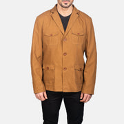 Крупный план деталей of Notch &amp; Button Hardware on Kajetan Khaki Safari Кожаная куртка мужская