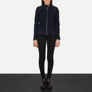 Women's Kelsee Navy Blue Suede Biker Jacket - Lateral Side Profile View Showing Sleeve Cut &amp; Athletic Taper Fit
