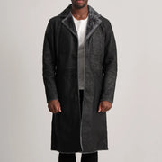 
Kolby Distressed Black Shearling Long Coat in Distressed Black Sheepskin Snuffed - Вид спереди и приталенный силуэт | Купить в официальном онлайн-магазине