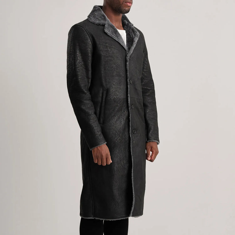 Kolby Distressed Черный Leather Shearling Кожаное пальто для Мужчин