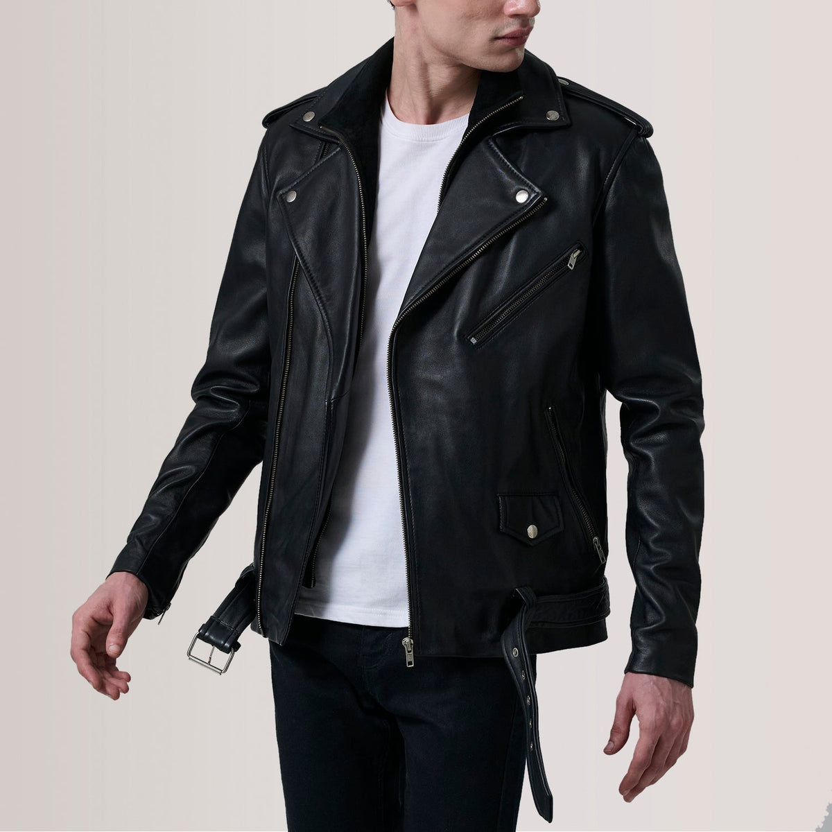 Kole Black Leather Double Rider Jacket For Men in Black Sheepskin Leather - Front Profile View &amp; Tailored Silhouette | Buy Online