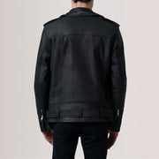 
Крупный план деталей of Notch & Zipper & Waist Straps Hardware on Kole Distressed Черный Leather Double Rider Кожаная куртка для Мужчин
