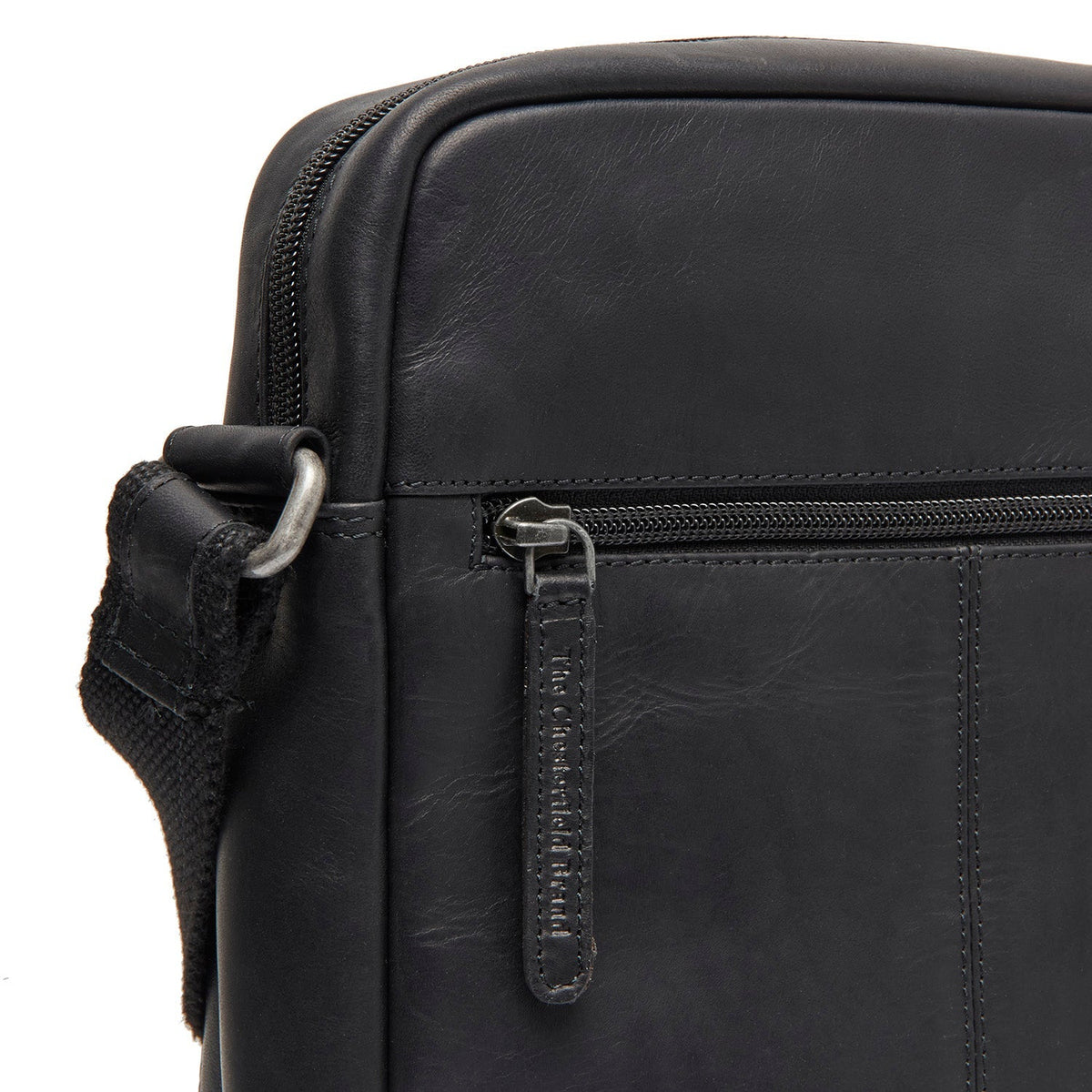 Solid Antique Brass Hardware & Heavy-Duty Dual Zipper Detail on Anzora Full-Grain Leather Crossbody Bag