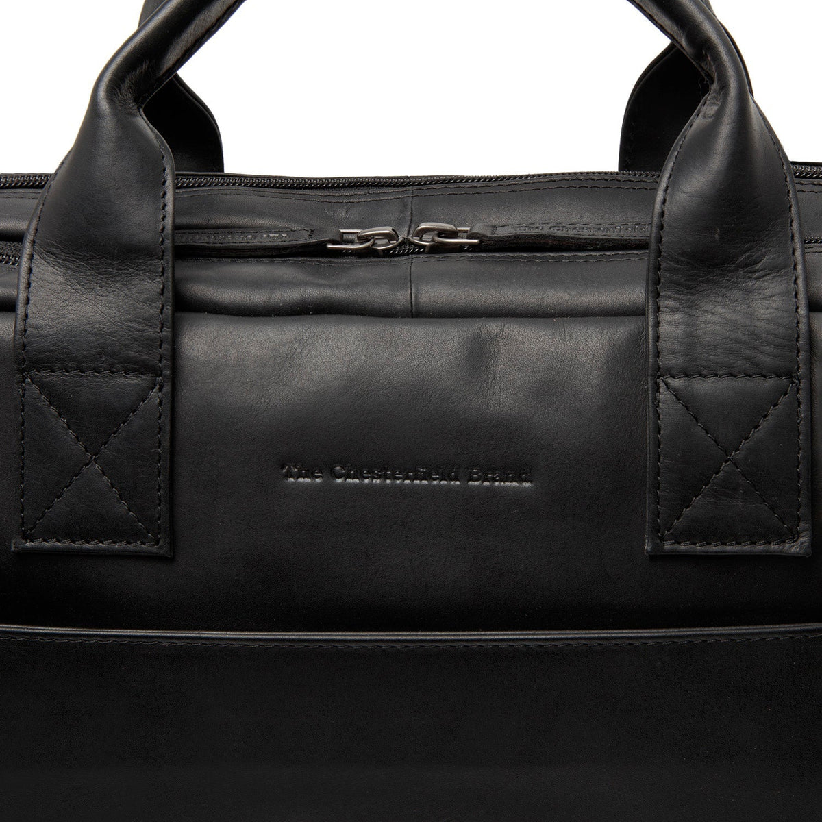 Solid Antique Brass Hardware &amp; Heavy-Duty Dual Zipper Detail on Frazer Full-Grain Leather Laptop Bag