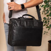 Classic 100% Full-Grain leather Briefcase - Rear Perspective Showing Reinforced Leather Straps &amp; Stitching