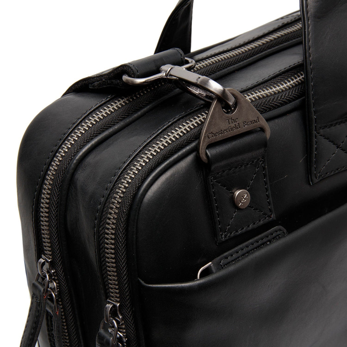 Solid Antique Brass Hardware &amp; Heavy-Duty Dual Zipper Detail on Iseo Full-Grain Leather Laptop Bag