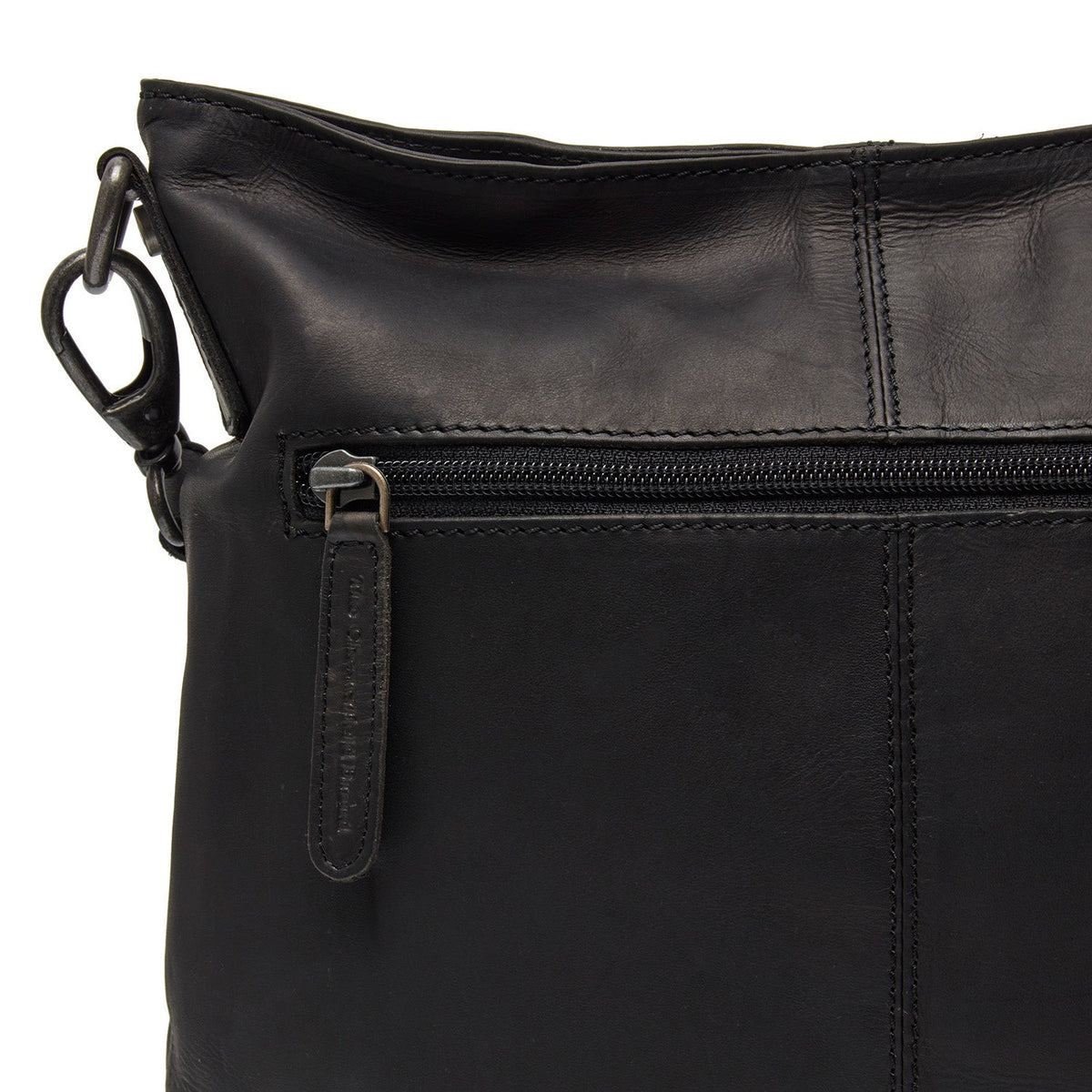Solid Antique Brass Hardware & Heavy-Duty Dual Zipper Detail on Jen Full-Grain Leather Shoulder Bag