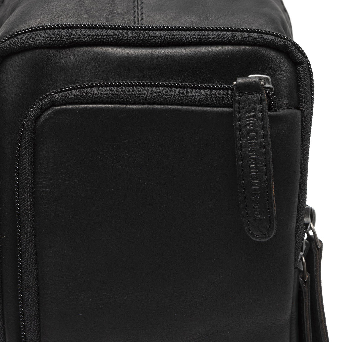 Solid Antique Brass Hardware &amp; Heavy-Duty Dual Zipper Detail on Leather Sling Bag Riga