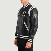
Black & White Sheepskin Leather Varsity Jacket - Вид сзади, подчеркивающий посадку по плечам и ровный край