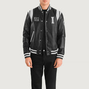 Liberte Illinois Black Leather Varsity Jacket in Black &amp; White Sheepskin Leather - Front Profile View &amp; Tailored Silhouette | Buy Online