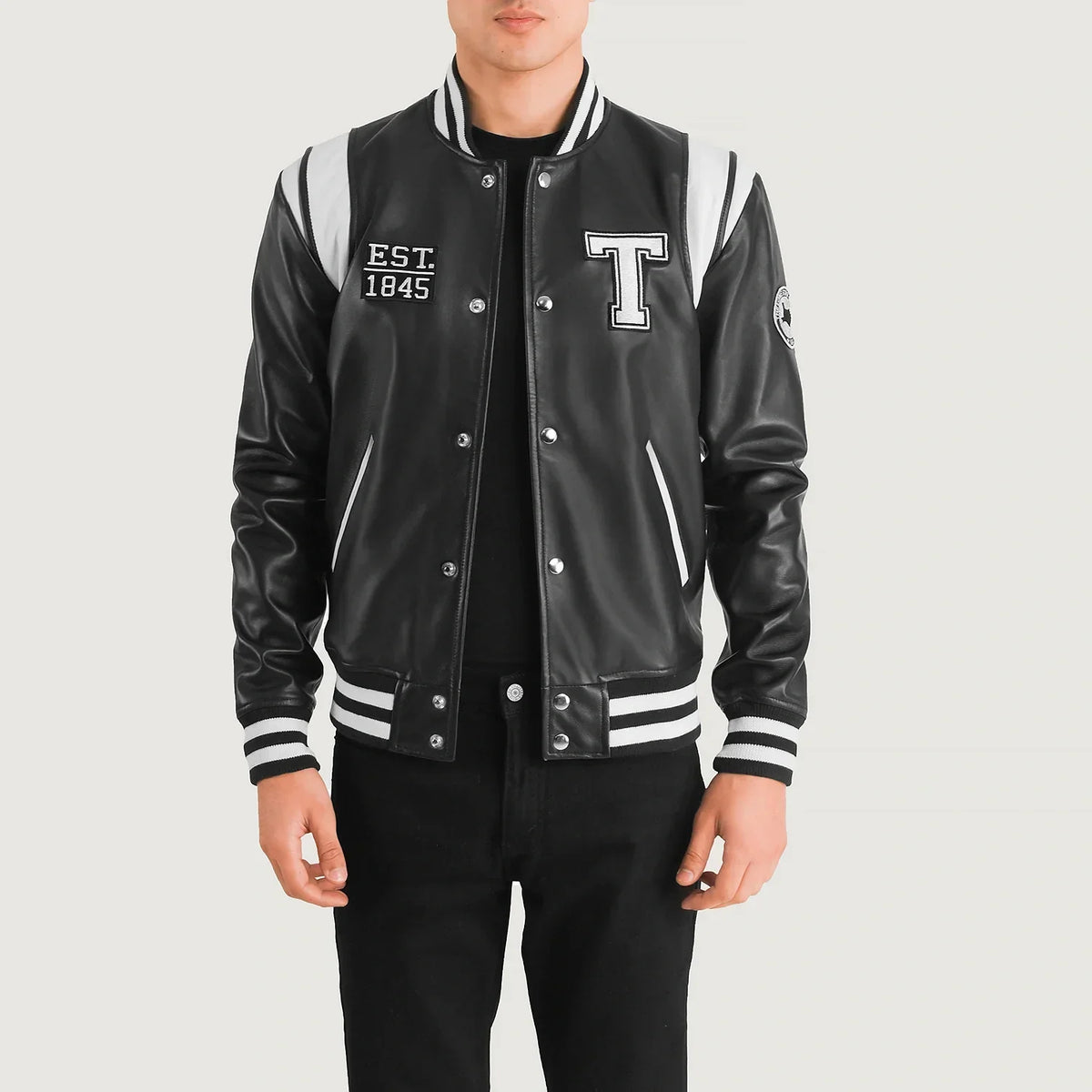 Liberte Texas Black Leather Varsity Jacket in Black &amp; White Sheepskin Leather - Front Profile View &amp; Tailored Silhouette | Buy Online