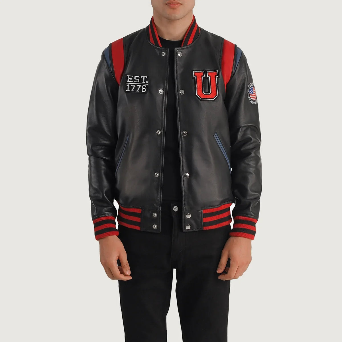
Liberte USA Black Leather Varsity Jacket in Black Sheepskin Leather - Вид спереди и приталенный силуэт | Купить в официальном онлайн-магазине
