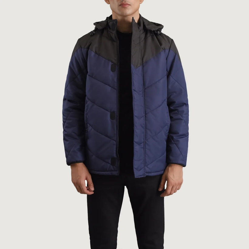 Luka Черный & Синий Hooded Puffer Кожаная куртка для Мужчин