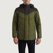 
Крупный план деталей of Classic Collar & Zipper With Velcro Placket Hardware on Luka Черный & Оливковый Hooded Puffer Кожаная куртка для Мужчин