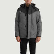 
Luka Черный & Grey Hooded Puffer Кожаная куртка для Мужчин in Black & Grey Full-Grain Leather - Вид спереди и приталенный силуэт | Купить в официальном онлайн-магазине