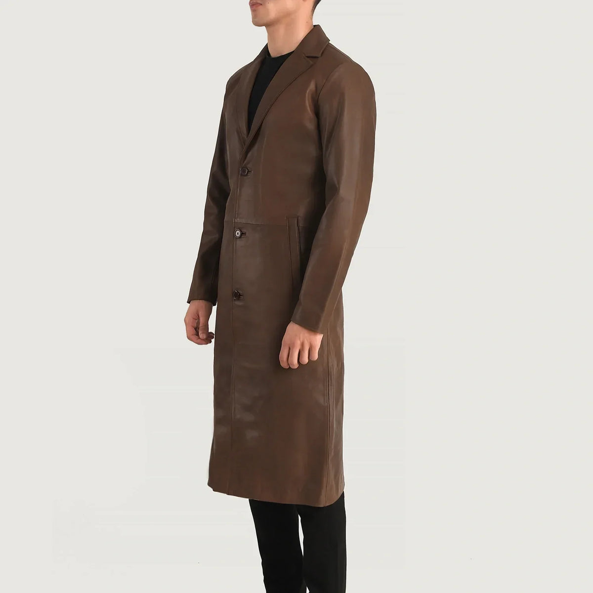 Styled Fit Perspective of Mateo Black Leather Single Breasted Coat on Model - Natural Daylight Drape