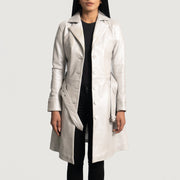 Silver Sheepskin Leather Trench Coat - Back View Showing Tailored Shoulder Fit &amp; Clean Hemline