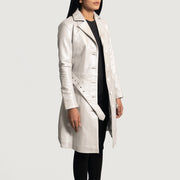 Women's Moonlight Silver Leather Trench Coat - Lateral Side Profile View Showing Sleeve Cut &amp; Athletic Taper Fit