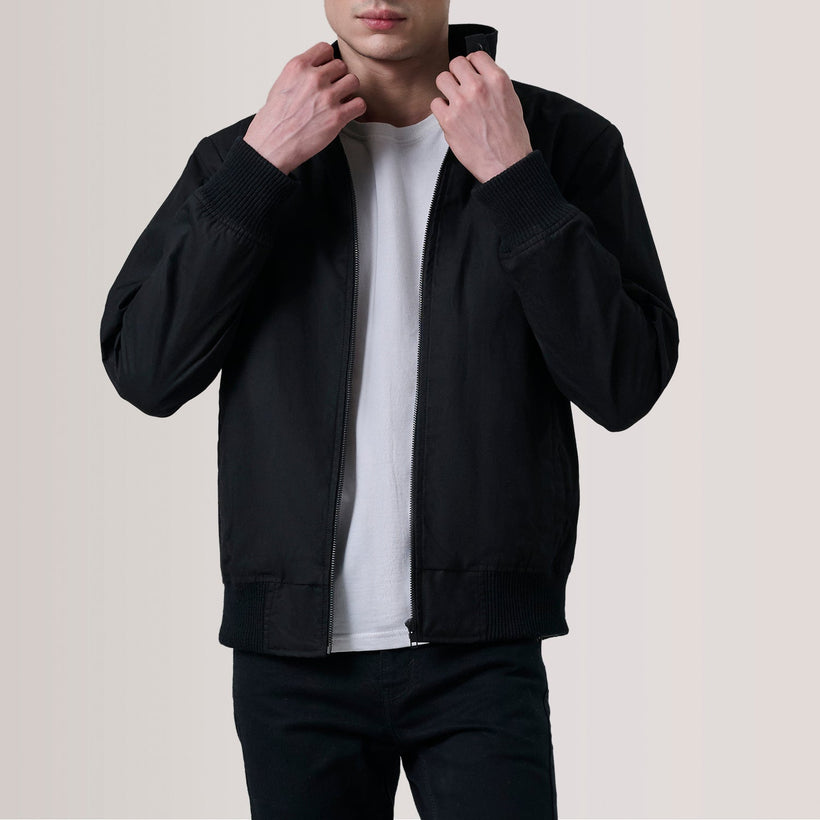 Morrison Black Canvas Bomber Jacket For Men in Black Waxed Cotton Canvas - Front Profile View & Tailored Silhouette | Buy Online