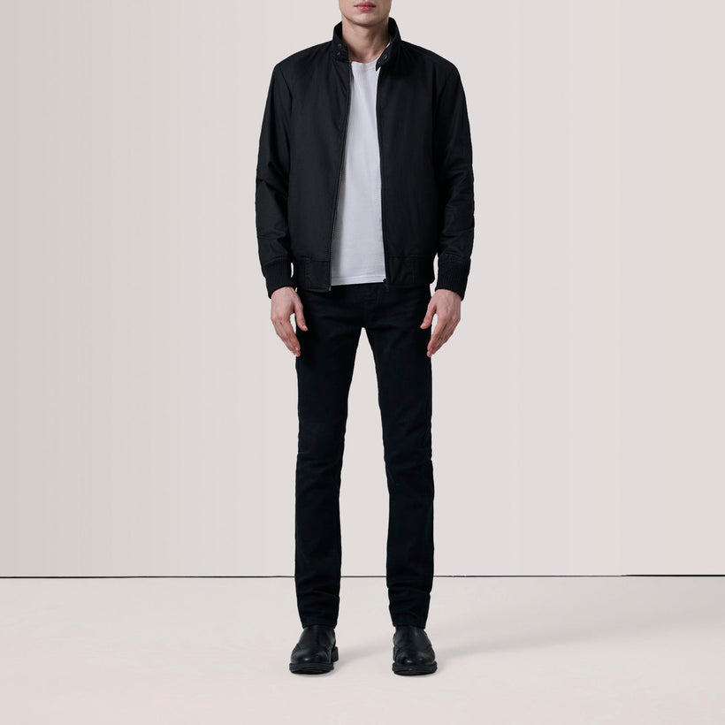 Black Waxed Cotton Canvas Bomber Jacket - Back View Showing Tailored Shoulder Fit & Clean Hemline