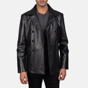 
Крупный план деталей of Notch & Buttons Hardware on Mr. Bailey Черный Leather Naval Peacoat для Мужчин