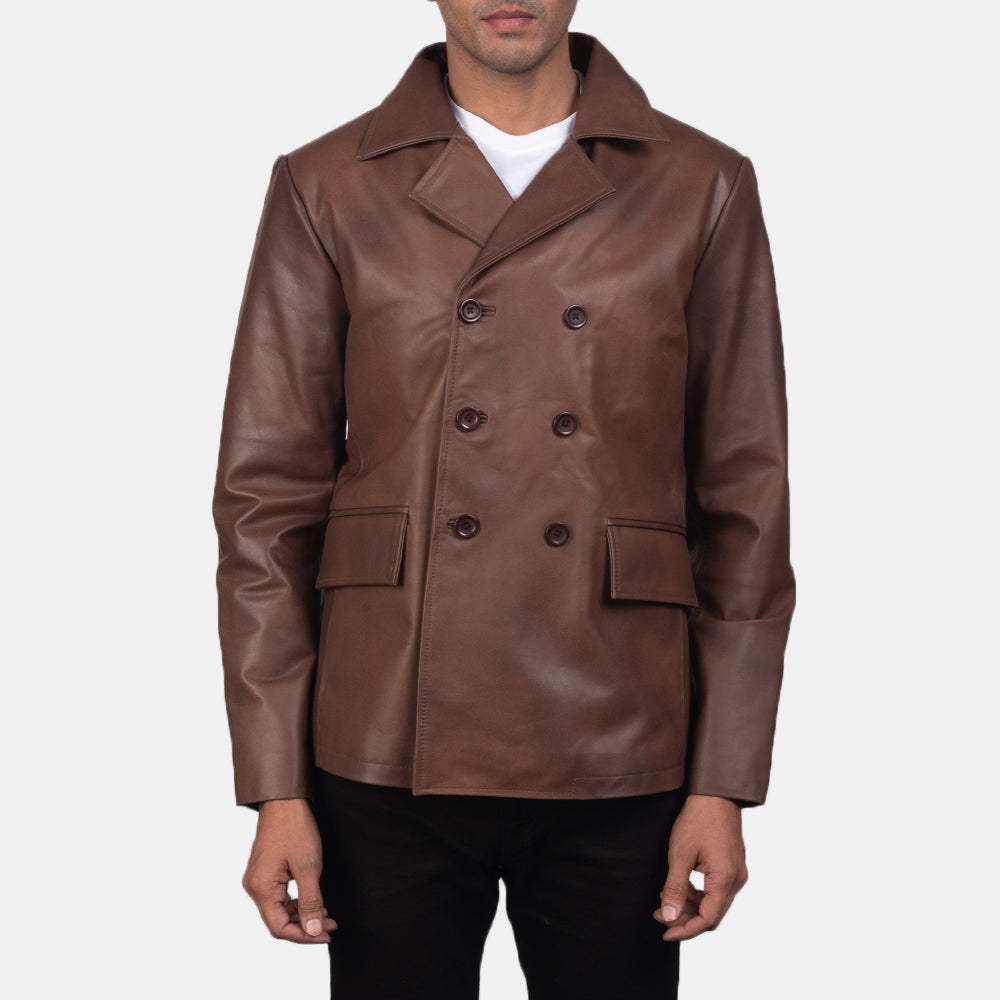Mr. Bailey Brown Leather Naval Peacoat in Brown Cowhide Leather - Front Profile View &amp; Tailored Silhouette | Buy Online