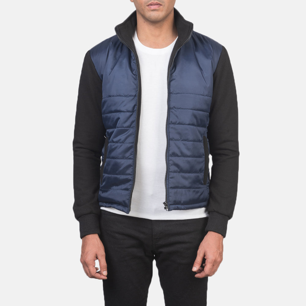 Nashville Quilted Синяя Windbreaker Кожаная куртка мужская in Blue &amp; Black Nylon (Torso) &amp;Amp; Knitted Fabric (Sleeves) - Вид спереди и приталенный силуэт | Купить онлайн