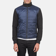 Крупный план деталей of High Neck &amp; Zipper with wind flap Hardware on Nashville Quilted Синяя Windbreaker Кожаная куртка мужская