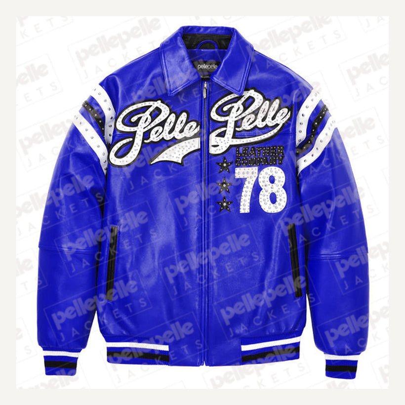 Encrusted Varsity Кожаная куртка (Navy) для Женщин