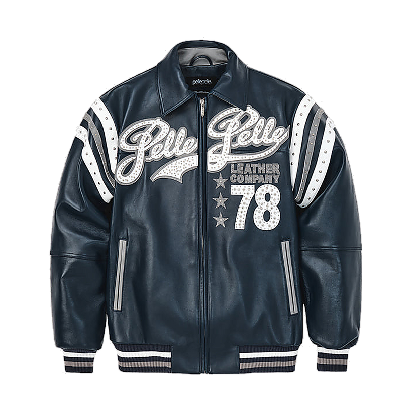 Encrusted Varsity Кожаная куртка (Navy) для Женщин