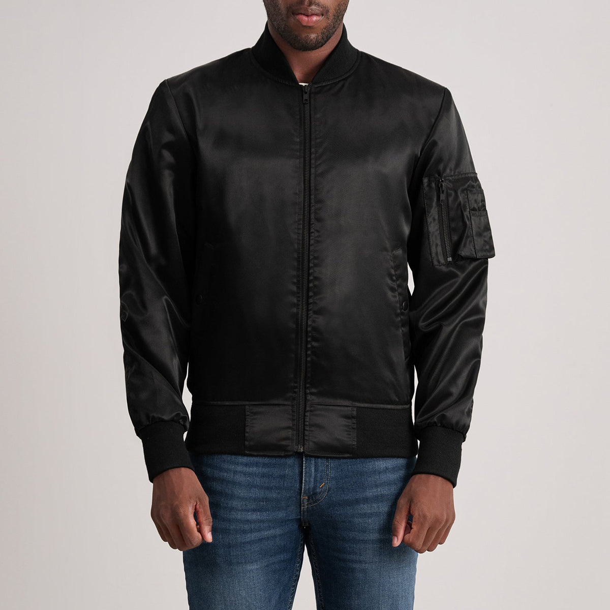Quinton MA-1 Black Bomber Jacket in Black Satin - Front Profile View &amp; Tailored Silhouette | Buy Online