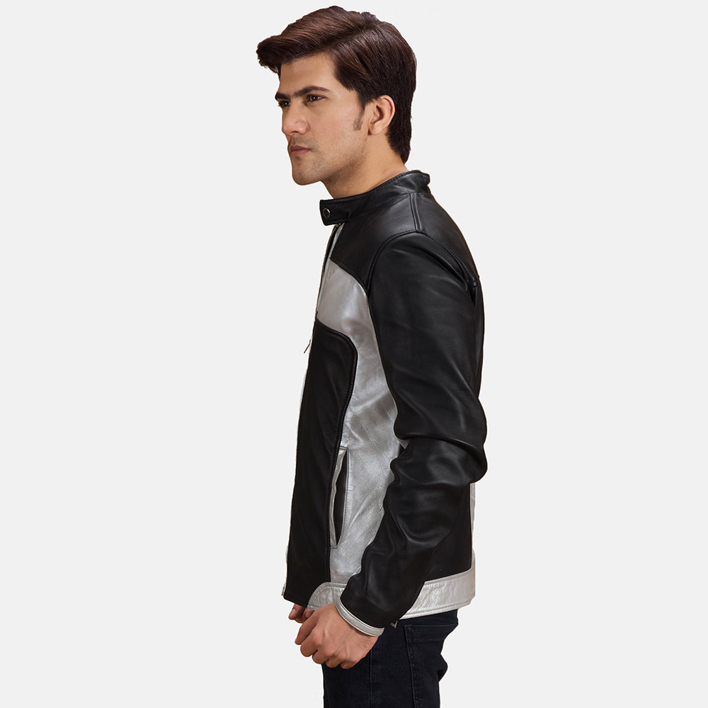 
Black & silver Sheepskin Leather Biker Jacket - Вид сзади, подчеркивающий посадку по плечам и ровный край