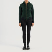 
Rebella Green Hooded Suede Bomber Jacket - Вид сбоку, демонстрирующий эргономичный крой рукава