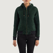 
Крупный план деталей of Hooded & Zipper Hardware on Rebella Green Hooded Suede Bomber Jacket