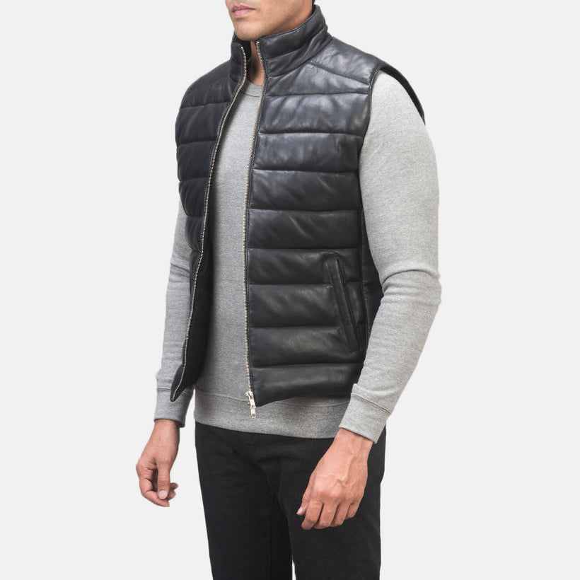 Reeves Черная Leather Puffer Vest мужская