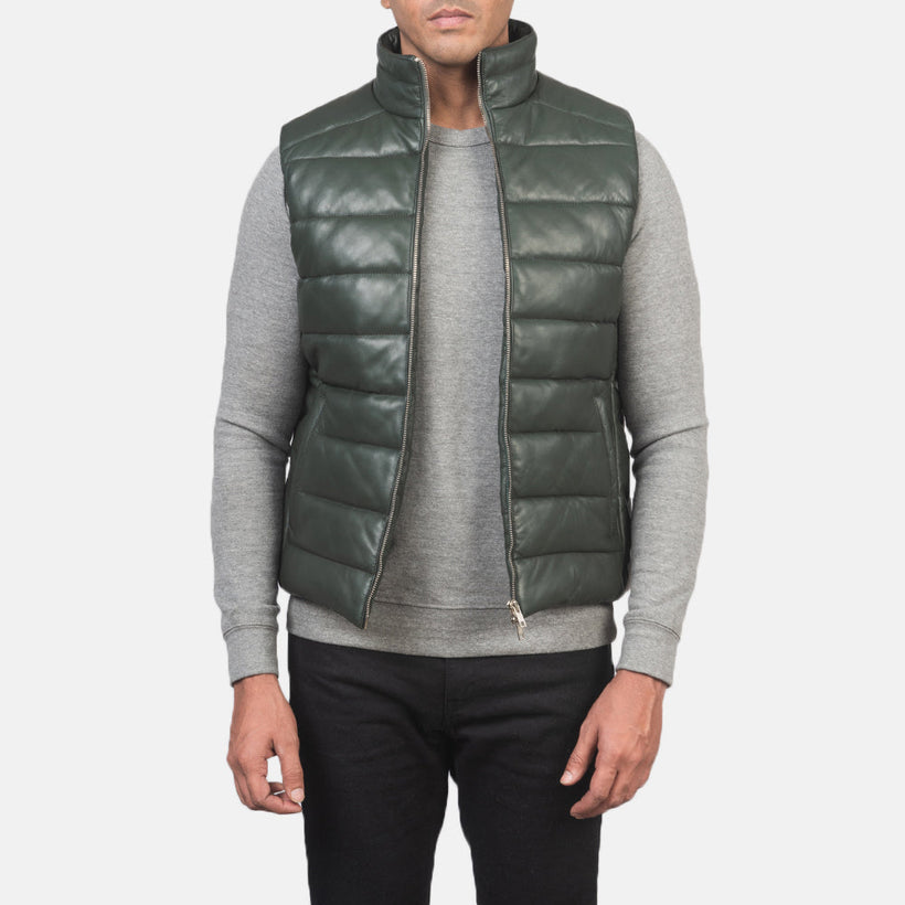 Reeves Зеленая Leather Puffer Vest мужская