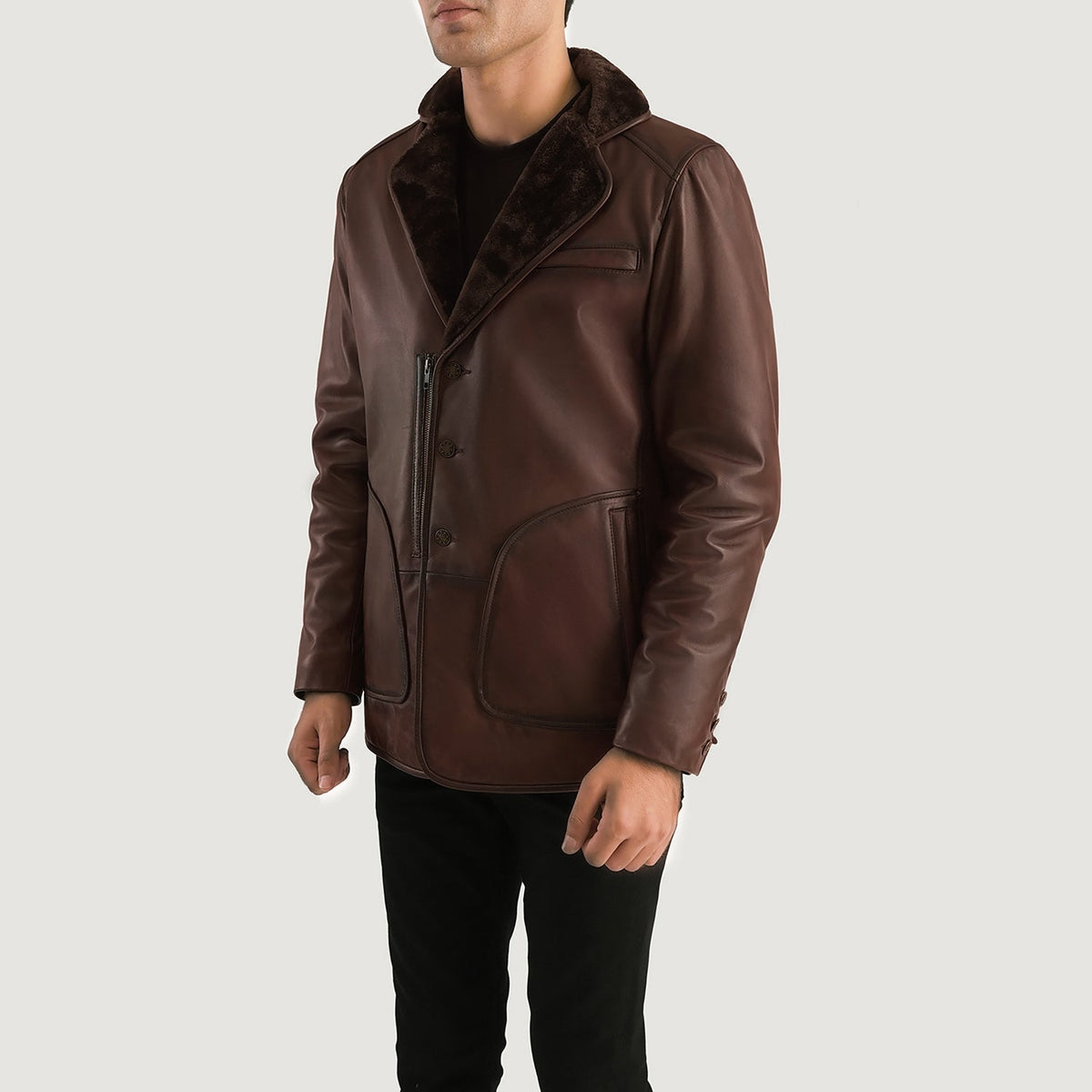 
Distressed Brown Sheepskin Burnishing Aviator Jacket - Вид сзади, подчеркивающий посадку по плечам и ровный край