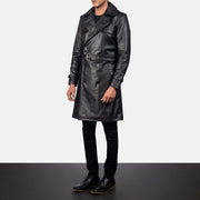Black Cowhide Leather Trench Coat - Back View Showing Tailored Shoulder Fit &amp; Clean Hemline